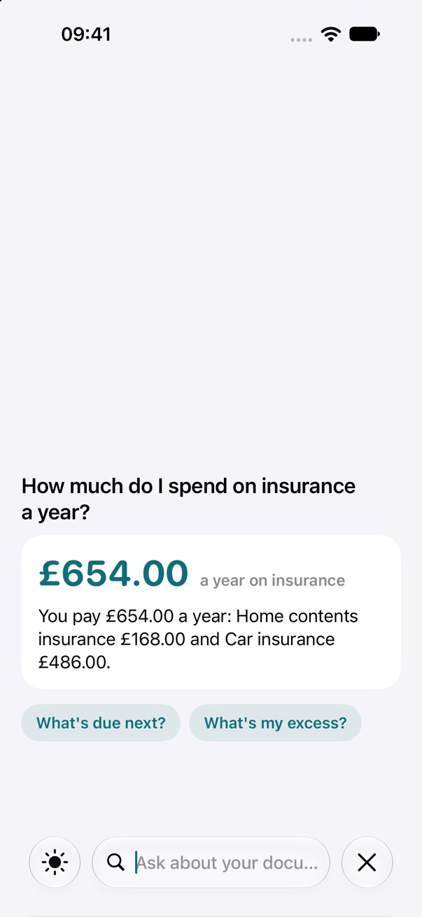 Ask Otis answering how much is spent on insurance a year: £654.00, broken down by policy