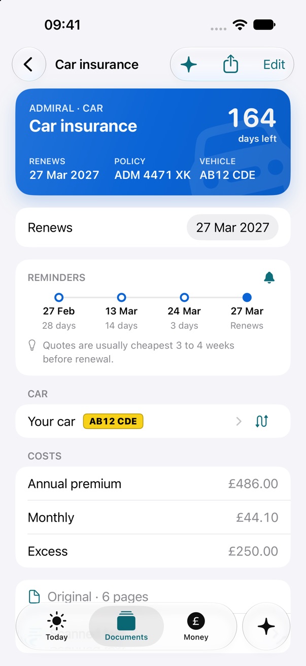 A car insurance document in Otis, with its renewal date, policy number, a reminders timeline and costs