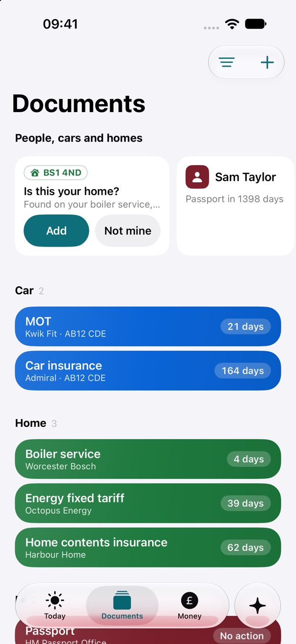 The Documents screen in Otis, showing colour cards for car, home and ID documents with the days left on each